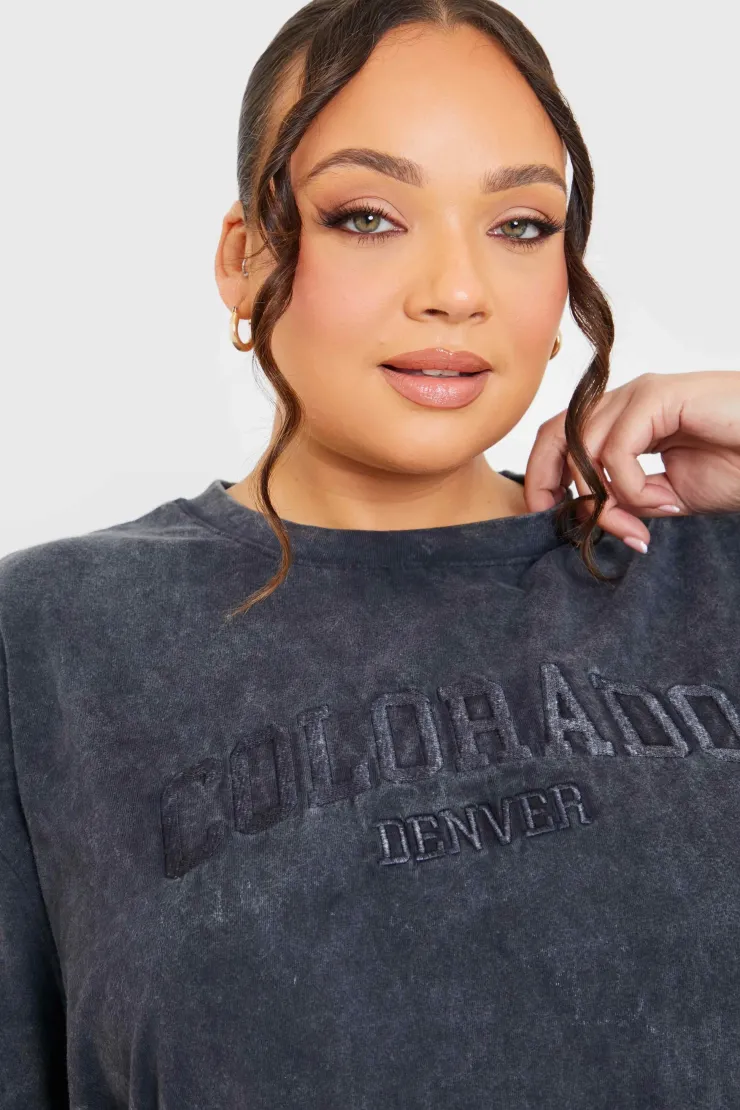 Hot In the Style Colorado' Acid Wash Slogan T-Shirt Charcoal
