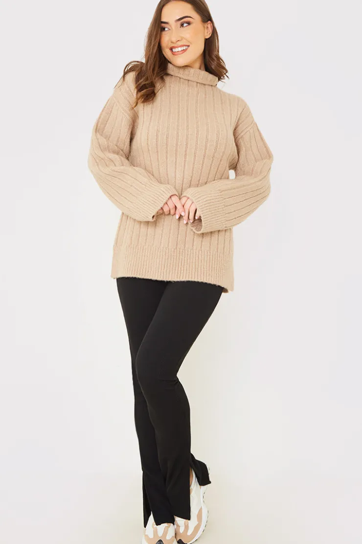 Sale In the Style Compact Rib Split Hem Leggings Black
