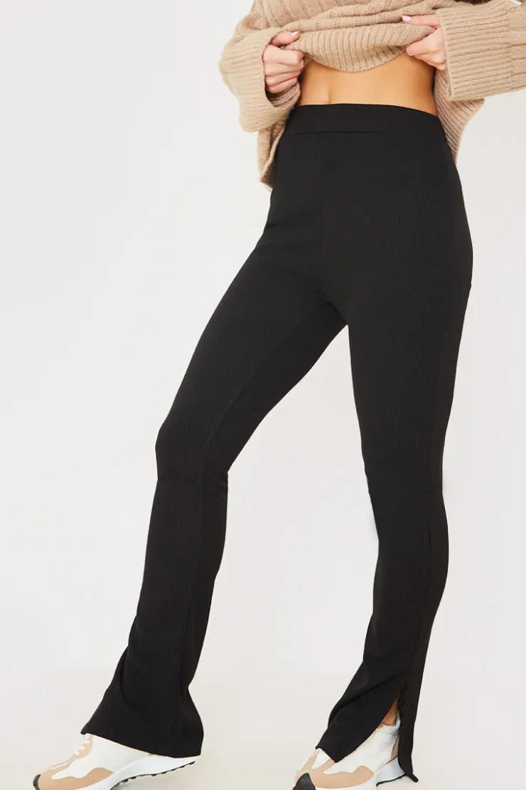 Sale In the Style Compact Rib Split Hem Leggings Black