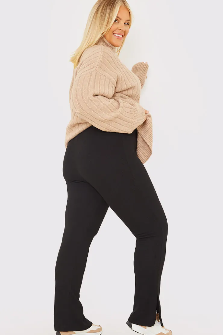 Sale In the Style Compact Rib Split Hem Leggings Black
