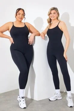 Clearance Fits Contour Built-In Bra Scoop Neck Strappy Unitard Black
