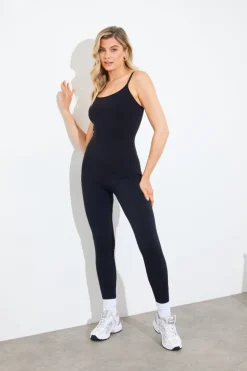 Clearance Fits Contour Built-In Bra Scoop Neck Strappy Unitard Black