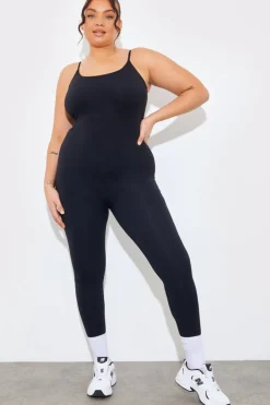 Clearance Fits Contour Built-In Bra Scoop Neck Strappy Unitard Black