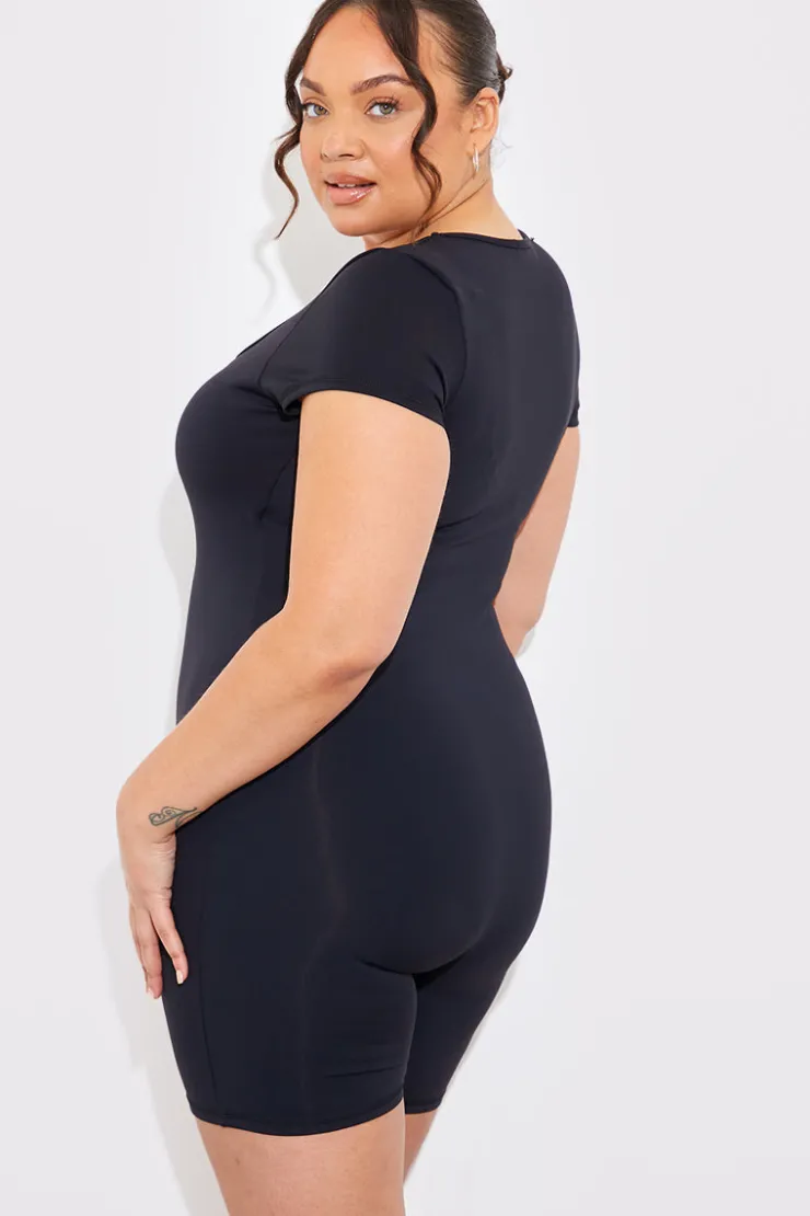 Hot In the Style Contour Built-In Bra Short Sleeve Short Leg Square Neck Unitard Black