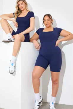 Hot In the Style Contour Built-In Bra Short Sleeve Short Leg Square Neck Unitard Blue