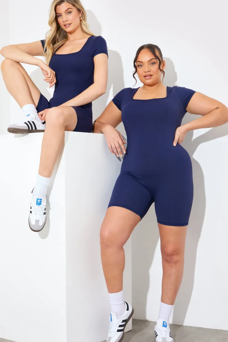 Hot In the Style Contour Built-In Bra Short Sleeve Short Leg Square Neck Unitard Blue
