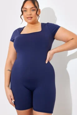 Hot In the Style Contour Built-In Bra Short Sleeve Short Leg Square Neck Unitard Blue