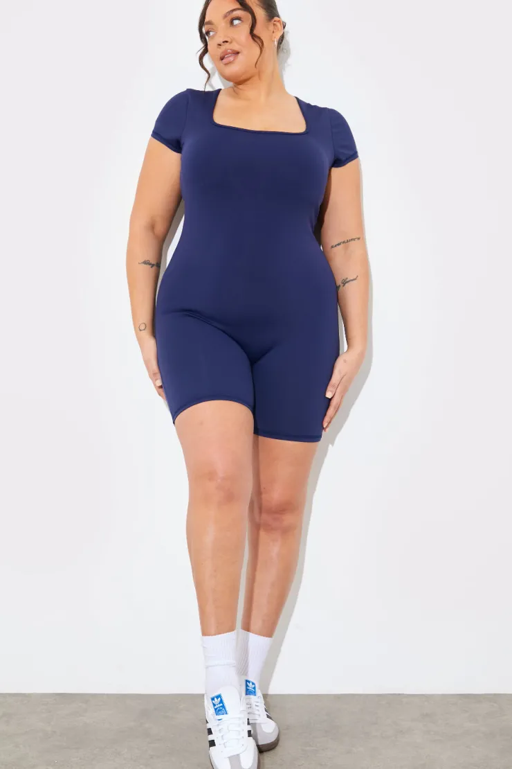 Hot In the Style Contour Built-In Bra Short Sleeve Short Leg Square Neck Unitard Blue