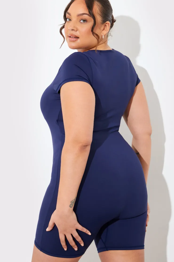 Hot In the Style Contour Built-In Bra Short Sleeve Short Leg Square Neck Unitard Blue