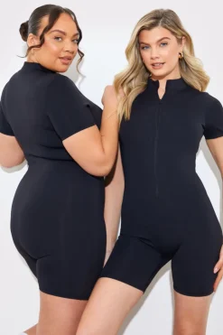 Online In the Style Contour Built-In Bra Short Sleeve Short Leg Half Zip Unitard Black