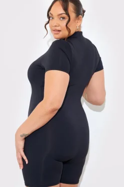 Online In the Style Contour Built-In Bra Short Sleeve Short Leg Half Zip Unitard Black