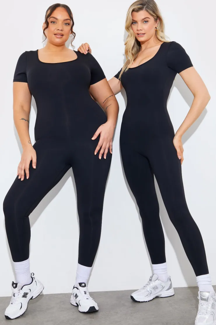 Hot Fits Contour Built-in Bra Short Sleeve Scoop Neck Unitard Black
