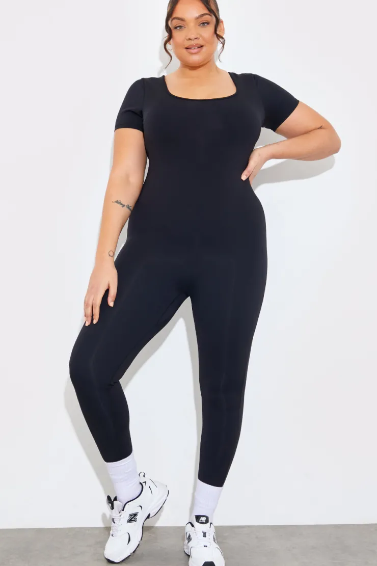 Hot Fits Contour Built-in Bra Short Sleeve Scoop Neck Unitard Black