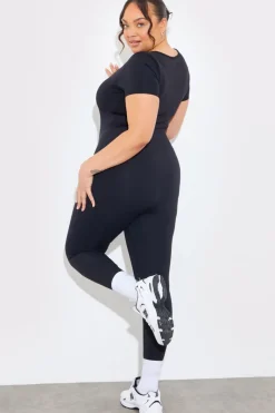 Hot Fits Contour Built-in Bra Short Sleeve Scoop Neck Unitard Black