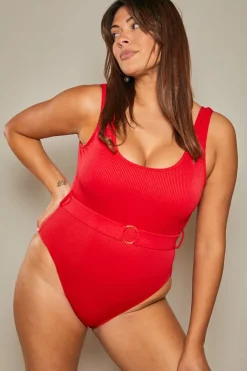 Best In The Style Contour Rib Belted Swimsuit Red