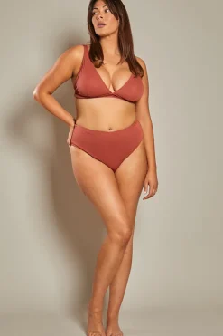 New In The Style Contour Rib High Leg High Waisted Bikini Bottoms Rust