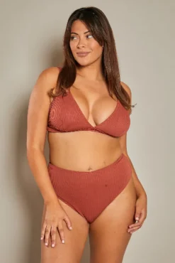 New In The Style Contour Rib High Leg High Waisted Bikini Bottoms Rust