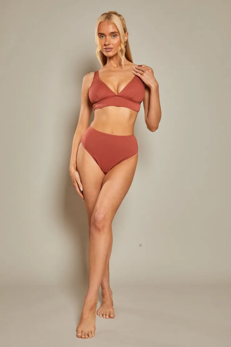 New In The Style Contour Rib High Leg High Waisted Bikini Bottoms Rust