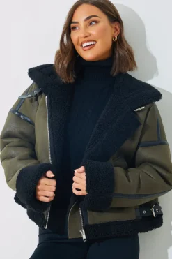 Hot In the Style Contrast Borg Aviator Jacket Khaki