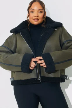 Hot In the Style Contrast Borg Aviator Jacket Khaki
