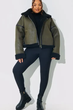 Hot In the Style Contrast Borg Aviator Jacket Khaki
