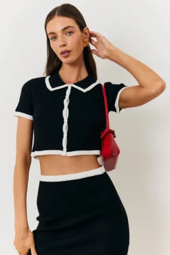 Outlet In The Style Contrast Piping Knit Co Ord Crop Top Black