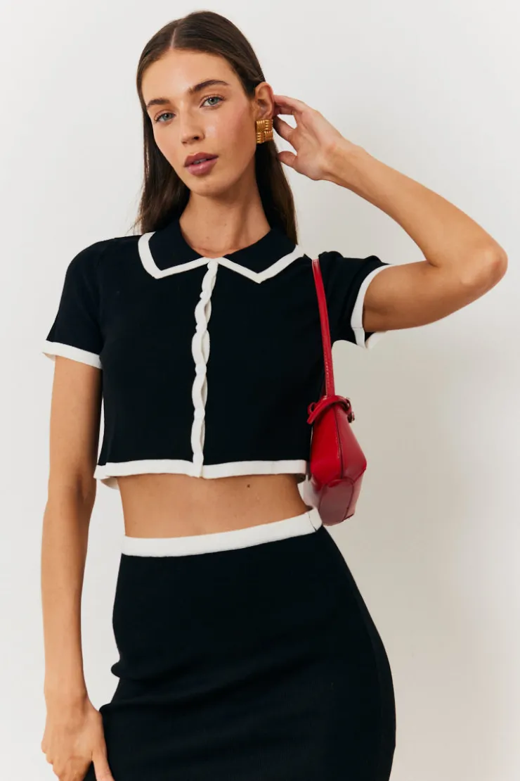 Outlet In The Style Contrast Piping Knit Co Ord Crop Top Black