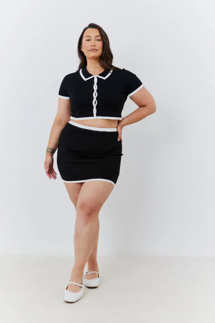 Outlet In The Style Contrast Piping Knit Co Ord Crop Top Black