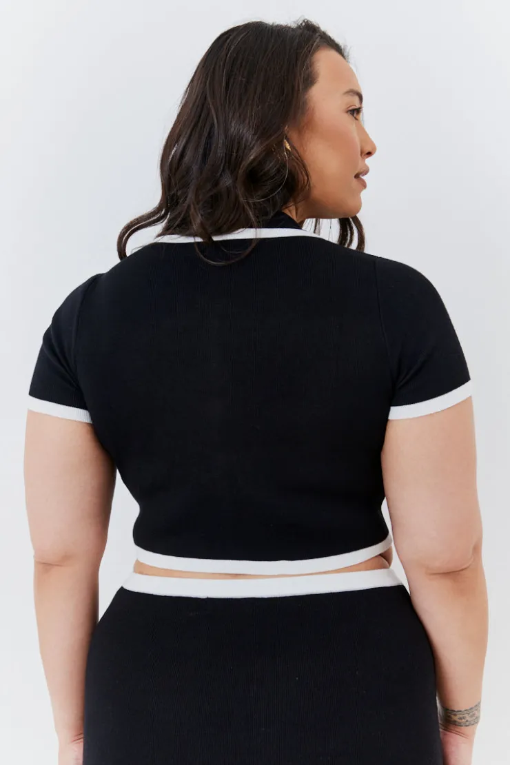 Outlet In The Style Contrast Piping Knit Co Ord Crop Top Black