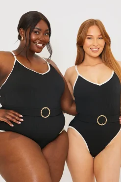 Discount In the Style Control Contrast Binding Belted Swimsuit Black
