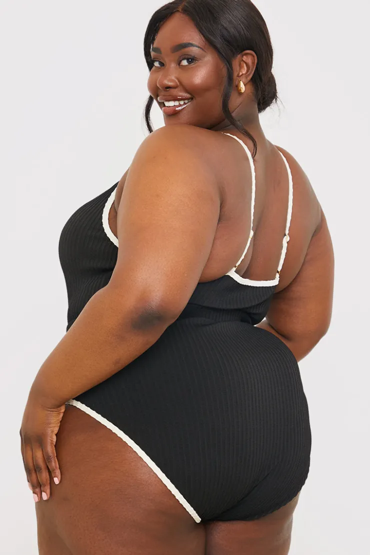 Discount In the Style Control Contrast Binding Belted Swimsuit Black