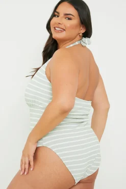 Online In the Style Control Crinkle Stripe Halter Swimsuit with Ruched Sides Sage