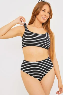 Clearance In the Style Control Crinkle Stripe High Waisted Bikini Bottom Black