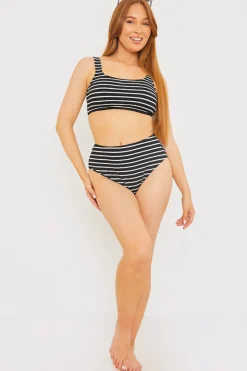 Clearance In the Style Control Crinkle Stripe High Waisted Bikini Bottom Black