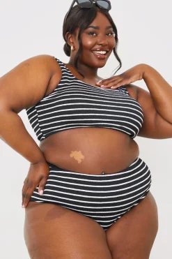 Clearance In the Style Control Crinkle Stripe High Waisted Bikini Bottom Black