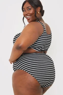 Clearance In the Style Control Crinkle Stripe High Waisted Bikini Bottom Black