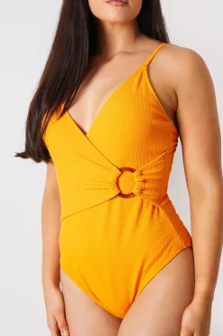 Discount In the Style Control Crinkle Wrap Front O Ring Swimsuit Orange