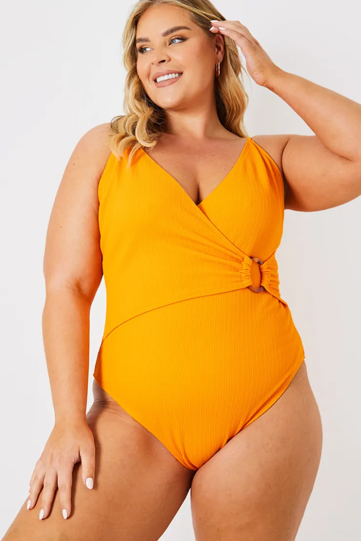 Discount In the Style Control Crinkle Wrap Front O Ring Swimsuit Orange