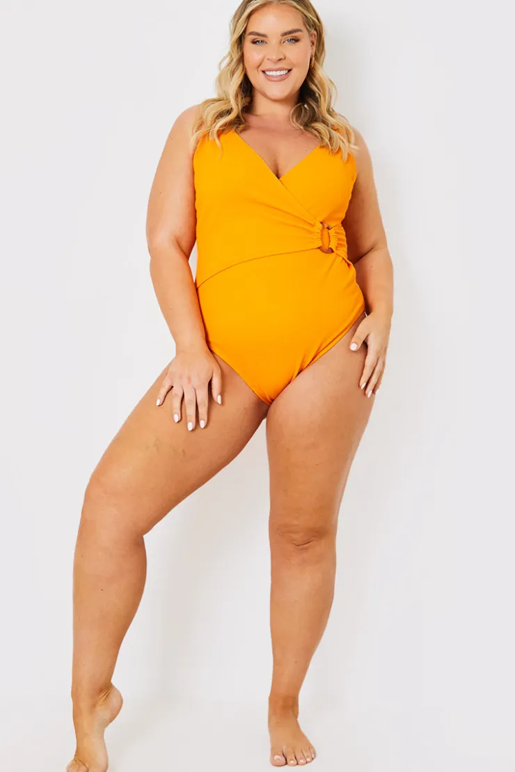 Discount In the Style Control Crinkle Wrap Front O Ring Swimsuit Orange