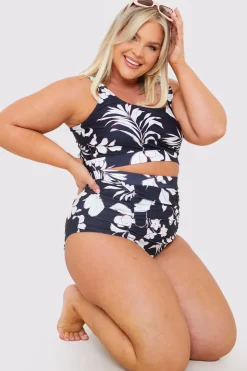 In the Style Control Floral Print Ruched High Waisted Bottoms Black
