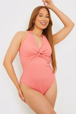 In the Style Control Fuller Support Crinkle Halter Twist Front Swimsuit Pink