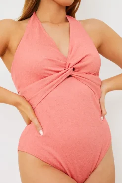 In the Style Control Fuller Support Crinkle Halter Twist Front Swimsuit Pink