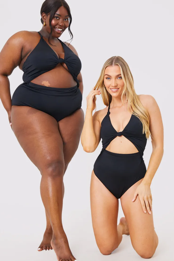 New In the Style Control Knot Detail Cut Out Swimsuit Black