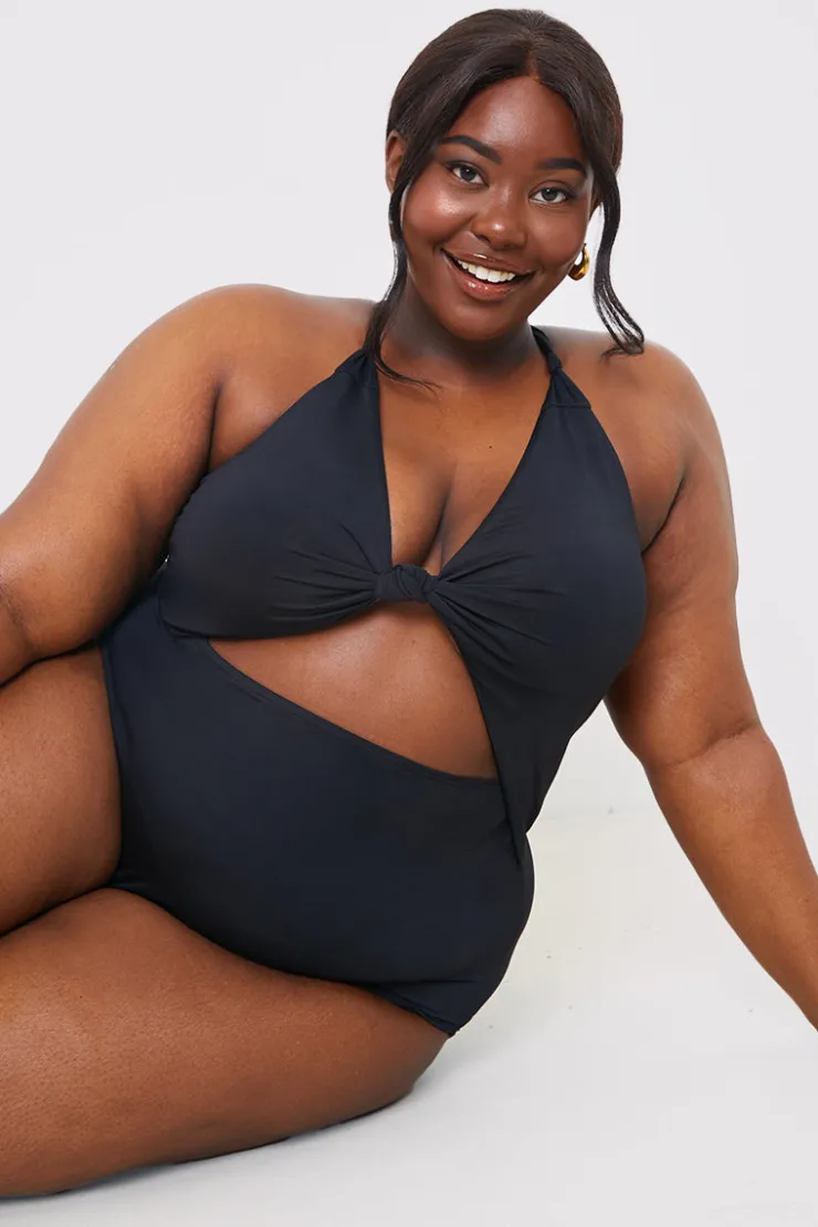 New In the Style Control Knot Detail Cut Out Swimsuit Black