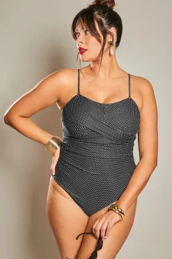 New In The Style Control Micro Polka Dot Ruched Cross Over Detail Swimsuit Black