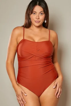 Sale In The Style Control Ruched Crossover Detail Swimsuit Rust