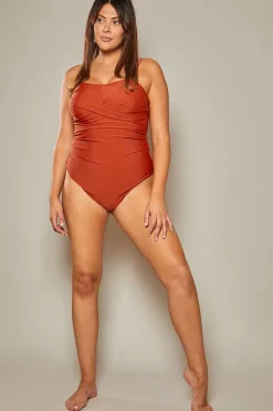 Sale In The Style Control Ruched Crossover Detail Swimsuit Rust