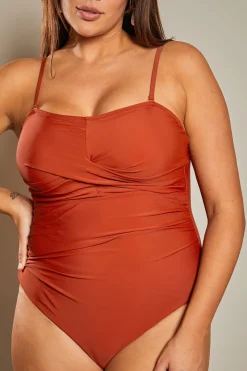 Sale In The Style Control Ruched Crossover Detail Swimsuit Rust