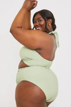 Discount In the Style Control Ruched Detail High Waisted Bikini Bottom Sage
