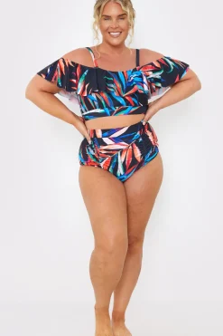 Online In the Style Control Ruched Detail Palm Print Bikini Bottom Black